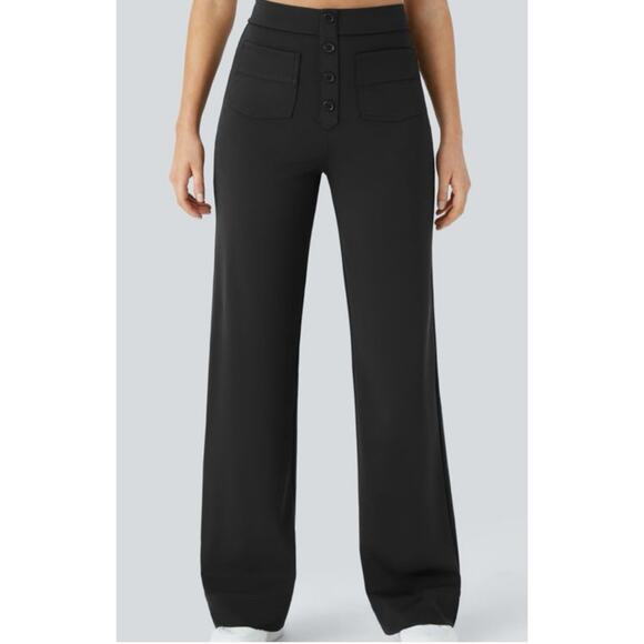 Halara Wide Leg Button Front Pants Black L Petite | Comfy Stretch Work Lounge - Picture 1 of 9
